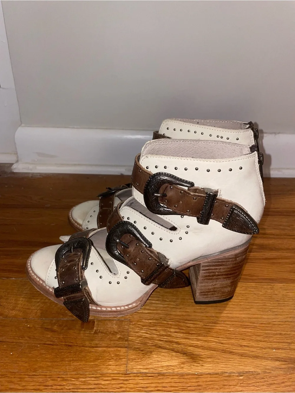 Western Cowboy Booties Cream and Brown Buckle Western Block Heel